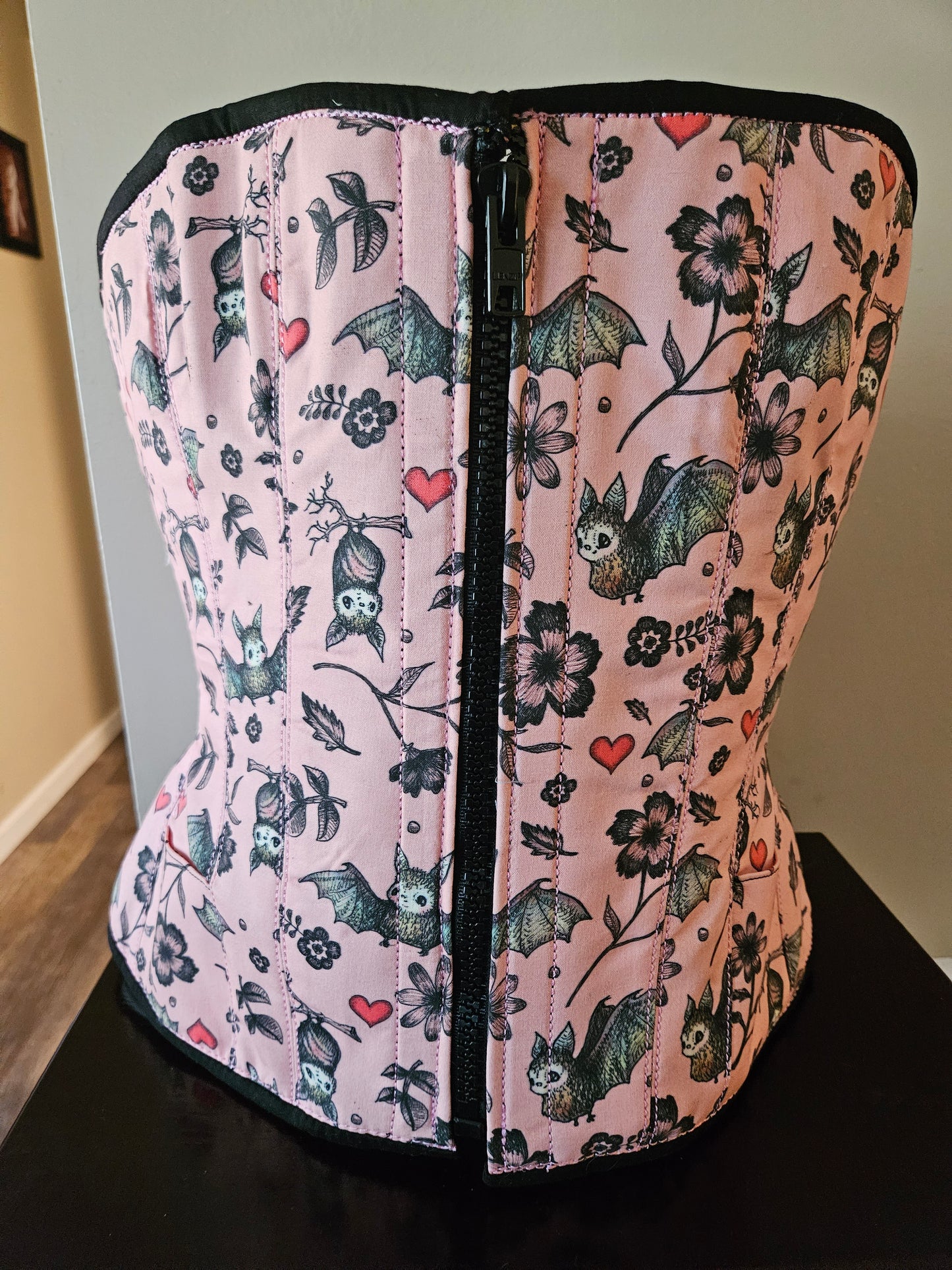 Pink Bats Fabric Edwardian Overbust Corset