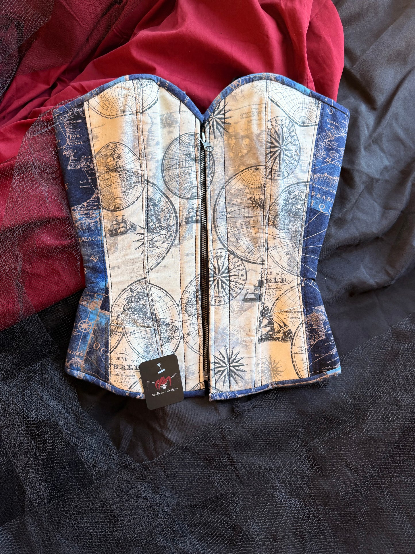 Blue and White Fabric Maps Overbust
