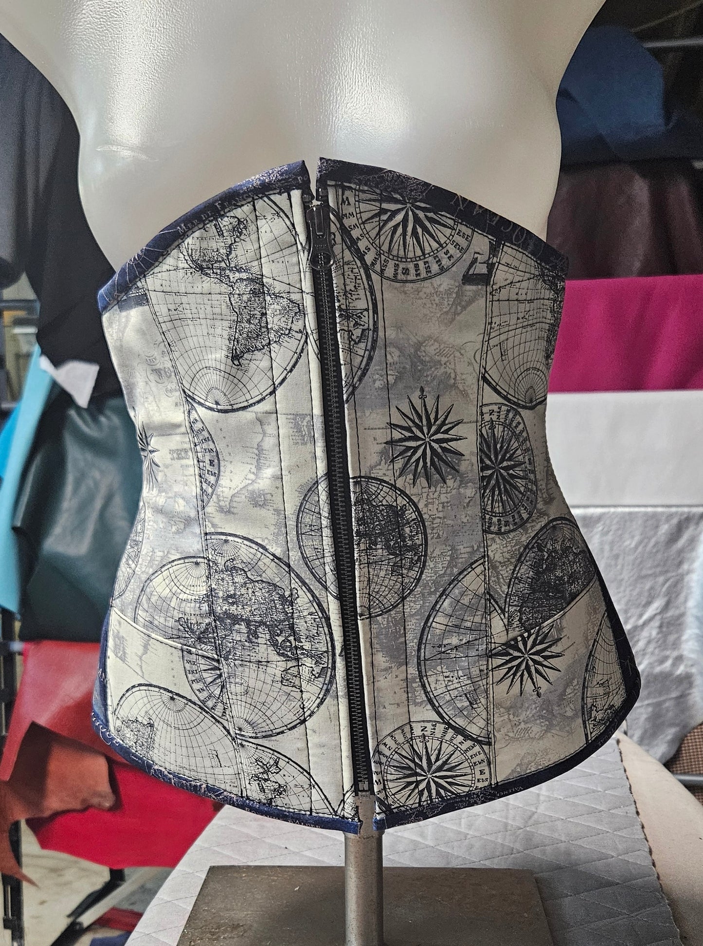 Blue and White Maps Fabric Underbust